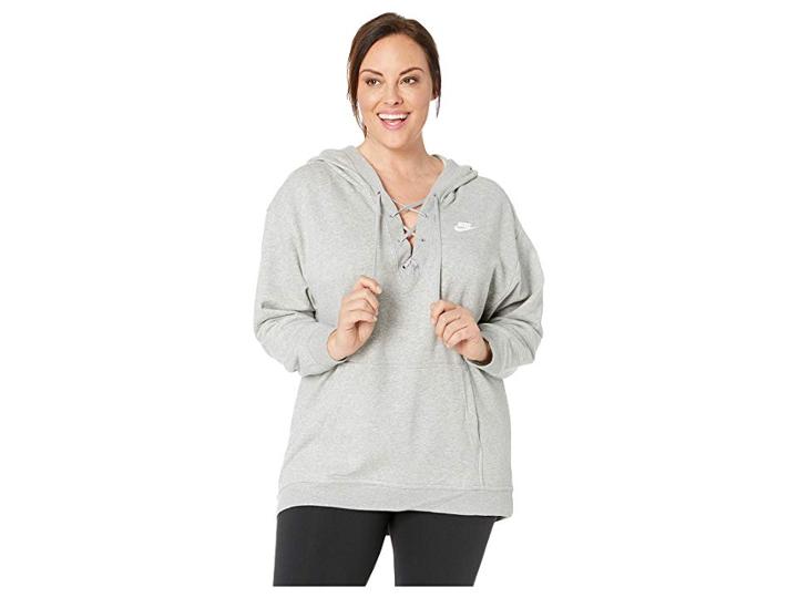 Nike Plus Size Nsw Club Hoodie Lace-up (dark Grey Heather/dark Grey Heather/white) Women's Sweatshirt