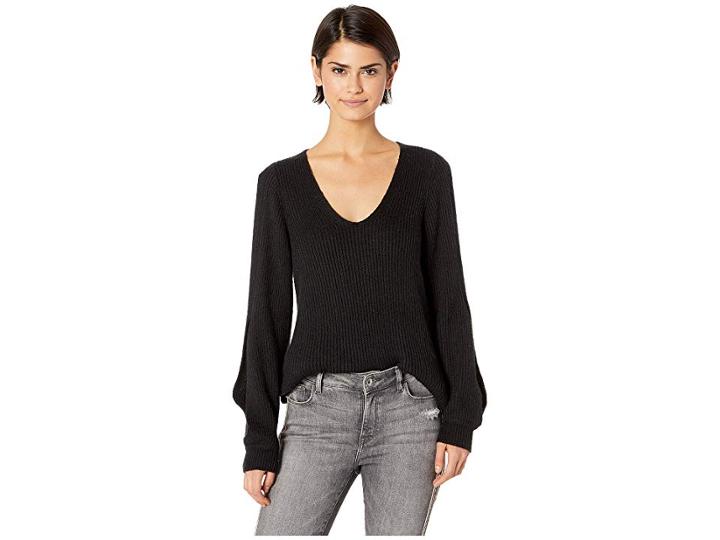1.state Cold Shoulder V-neck Sweater W/ Twist Sleeves (rich Black) Women's Sweater