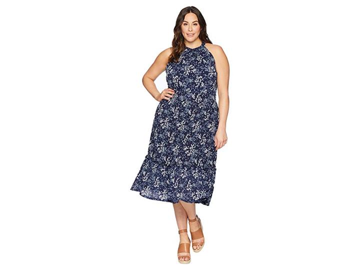 Michael Michael Kors Plus Size Scatter Blooms Print Tier Mid Dress (true Navy/light Chambray) Women's Dress