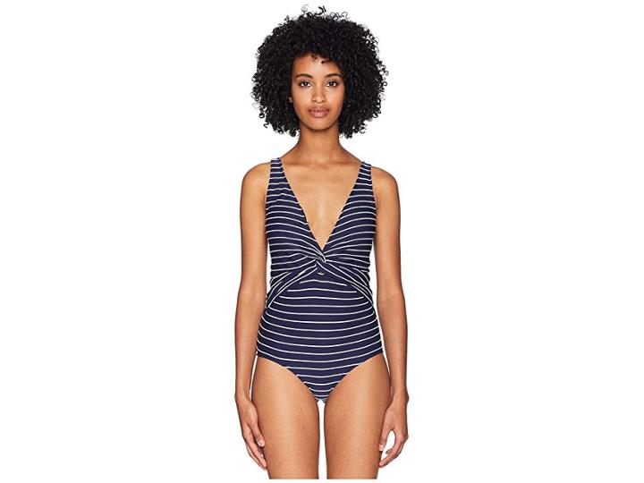 Jonathan Simkhai Striped Deep V Twist One-piece (midnight Combo) Women's Swimsuits One Piece