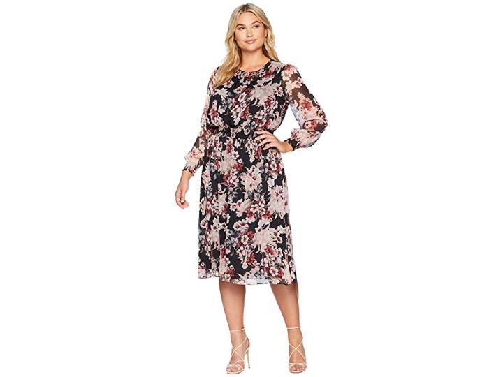 Vince Camuto Specialty Size Plus Size Long Sleeve Timeless Blooms Cinch Waist Dress (rich Black) Women's Dress