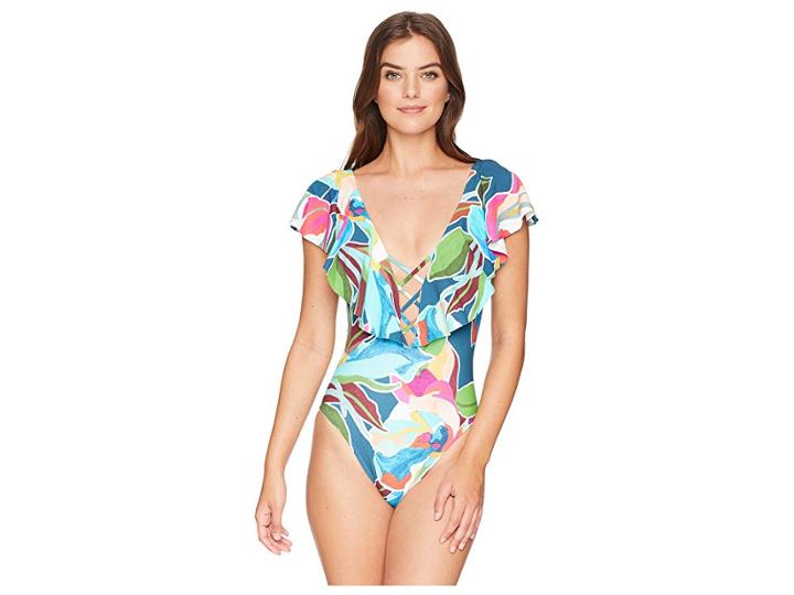 La Blanca Go With The Flo-ral Ruffle Mio One-piece Swimsuit (marina) Women's Swimsuits One Piece