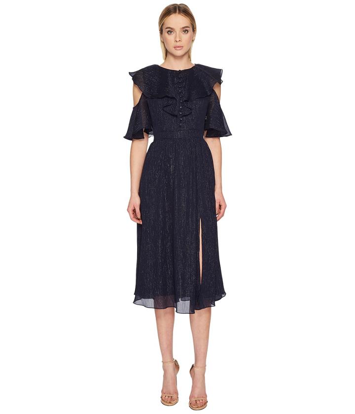 Prabal Gurung Crinkle Lurex Chiffon Long Sleeve Dress (navy) Women's Dress