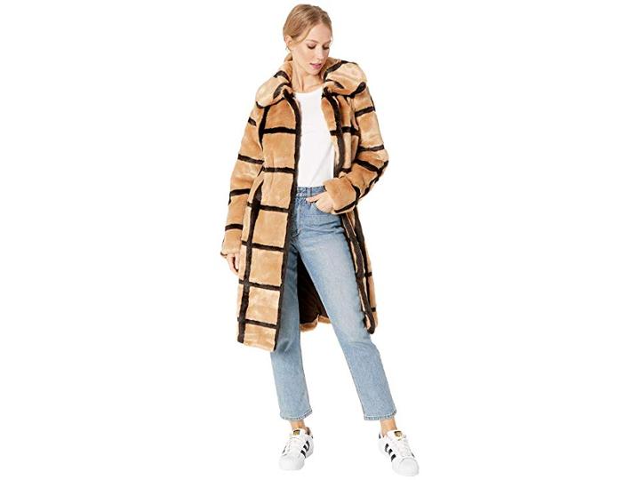 Avec Les Filles Windowpane Faux Fur Car Coat (tan/espresso) Women's Coat