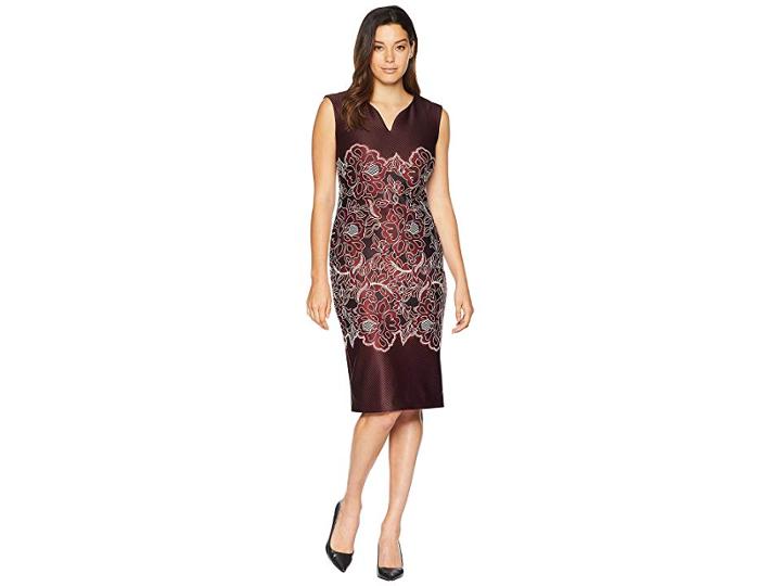 Eci Sleeveless Puff Printed Scuba Sheath Dress (black/wine) Women's Dress