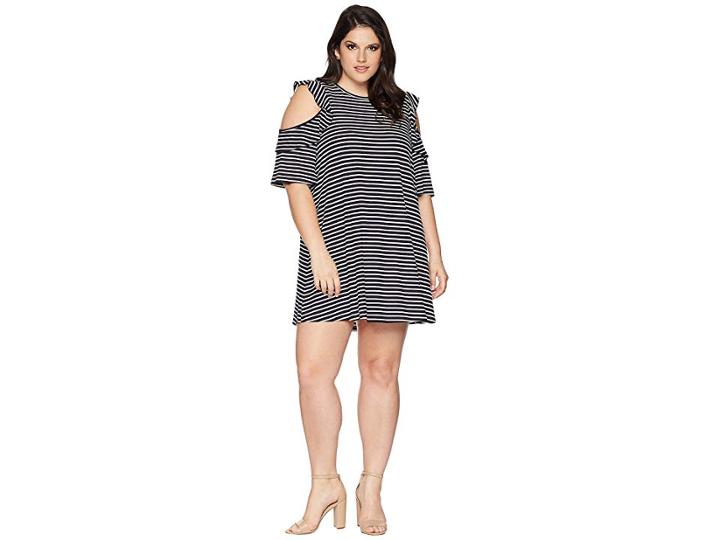 Kari Lyn Plus Size Katalina Cold Shoulder Striped Dress (navy/white) Women's Dress