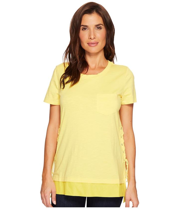 Tribal Solid Jersey Slub Short Sleeve Crew Neck Top W/ Lace-up Side Detail (sun) Women's Clothing