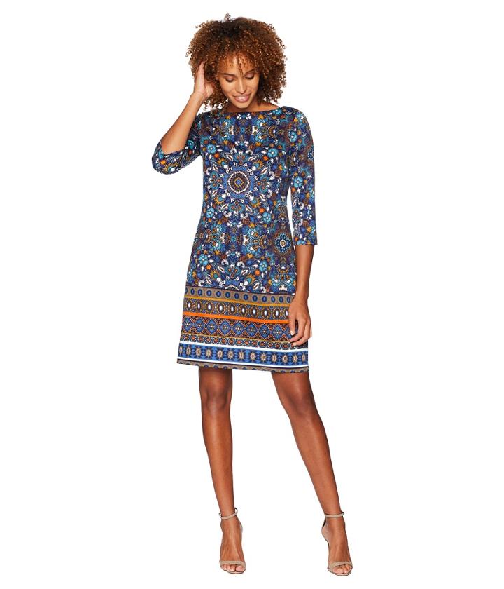 London Times Tile Wheel Ponte Dress (blue/green) Women's Dress