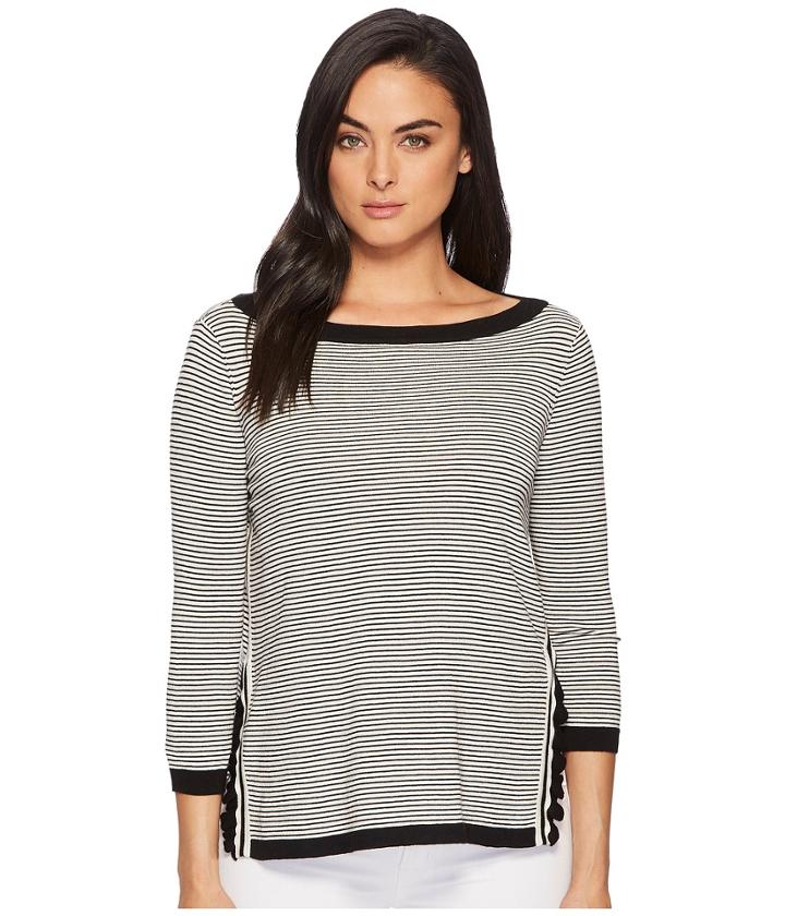 Lauren Ralph Lauren Ruffle-trim Striped Sweater (mascarpone Cream/polo Black) Women's Sweater