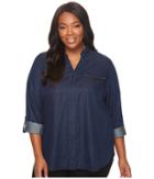 Nydj Plus Size Plus Size Denim Shirt With Pockets (dark Wash) Women's Long Sleeve Button Up