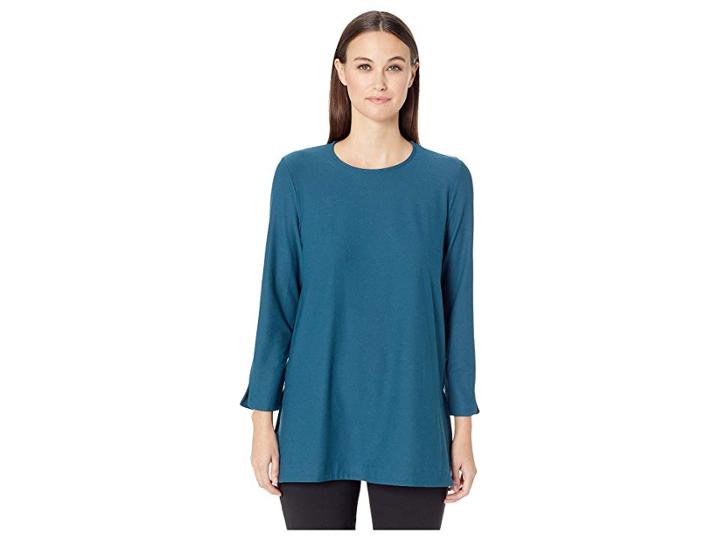 Eileen Fisher Lightweight Washable Stretch Crepe Round Neck Bracelet Sleeve Tunic (dark Jewel) Women's Clothing