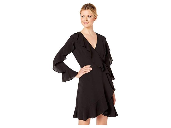 Adrianna Papell Pebble Stretch Chiffon Blouson Dress Features A Long Sleeve And Ruffle Skirt (black) Women's Dress