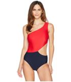 Michael Michael Kors Geometric Glamour Solids One Shoulder Cut Out One-piece Swimsuit W/ Zipper Removable Soft Cups (new Navy) Women's Swimsuits On...
