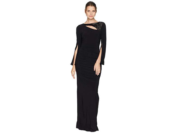 Adrianna Papell Long Sleeve Stretch Jersey Gown With Slit Sleeve And Beaded Neckline Detail (black) Women's Dress