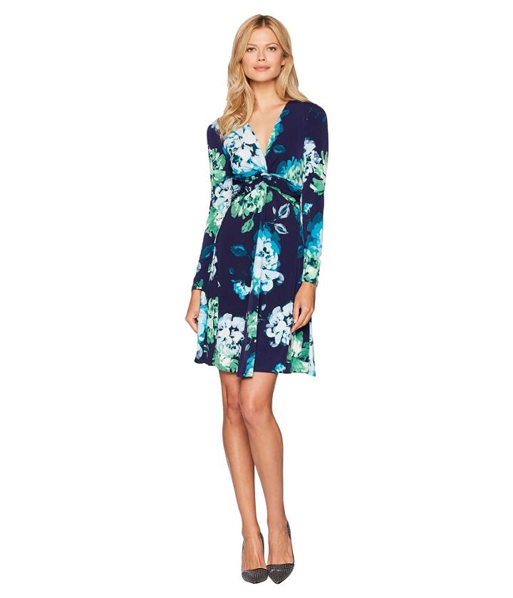 London Times Long Sleeve Twist Front W/ Flare Dress (navy/teal) Women's Dress