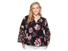 Calvin Klein Plus Plus Size Print Long Sleeve Flare Blouse With Lace (black/watermleon/white) Women's Long Sleeve Pullover
