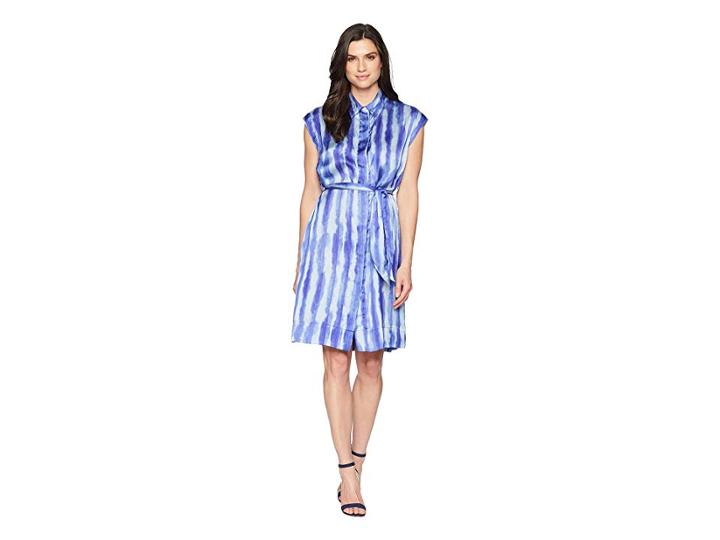 Kenneth Cole New York Short Sleeve Collared Shirtdress (tie-dye Pleat/blue) Women's Dress