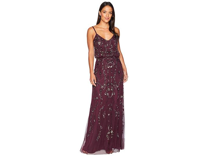 Adrianna Papell Floral Beaded Blouson Gown (night Plum) Women's Dress
