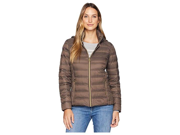 Michael Michael Kors Zip Front Packable With Removable Hood M823157g (mocha) Women's Coat