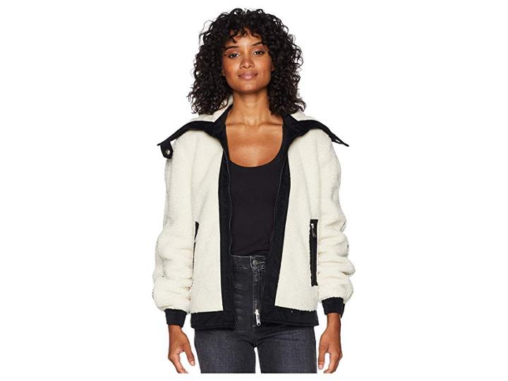 Sam Edelman Short Berber Jacket W/ Contrast Fabric Detail Metallic Lined Anorak (ivory) Women's Coat