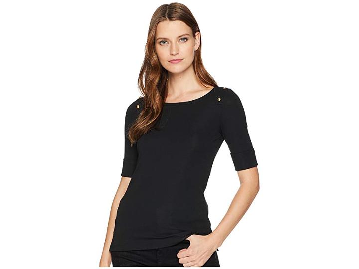 Lauren Ralph Lauren Poplin Bell-sleeve Top (polo Black) Women's Clothing