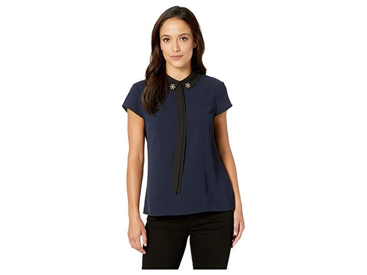 Cece Short Sleeve Embellished Collar W/ Bow Blouse (caviar) Women's Blouse