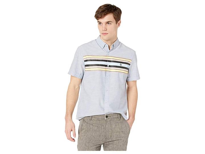 Original Penguin Short Sleeve Printed Chambray (faded Denim) Men's Short Sleeve Button Up