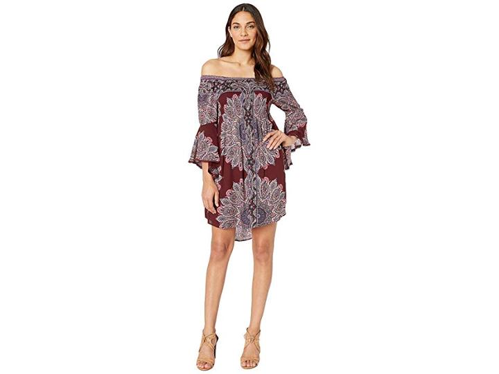 Angie Cold Shoulder Long Sleeve Printed Dress (wine) Women's Dress