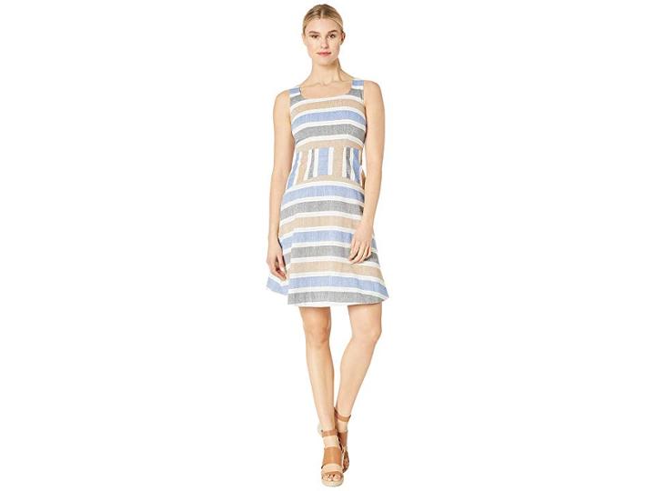 Taylor Sleeveless Linen Like Striped Dress (denim Blue/tan) Women's Dress