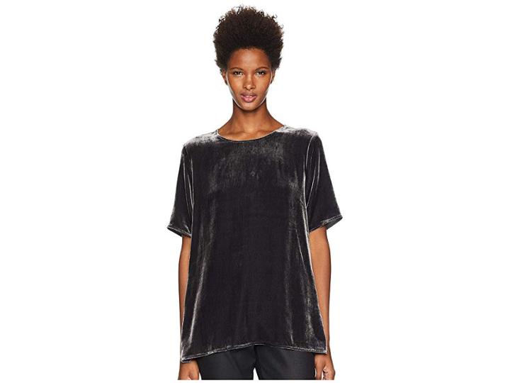 Eileen Fisher Velvet Round Neck Short Sleeve Box-top (charcoal) Women's Clothing