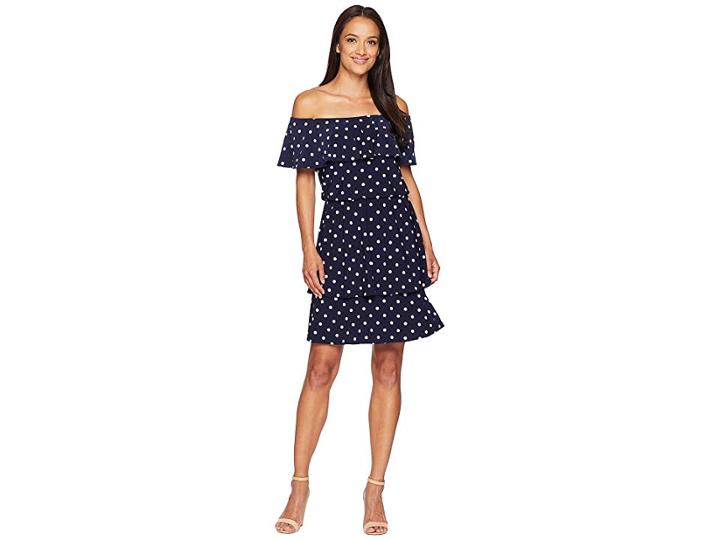 Lauren Ralph Lauren R4 Classic Dot Lorelei Short Sleeve Day Dress (lighthouse Navy/colonial Cream) Women's Dress