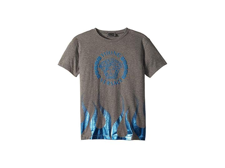 Versace Kids Short Sleeve Medusa Logo T-shirt W/ Flames (big Kids) (grey) Boy's T Shirt