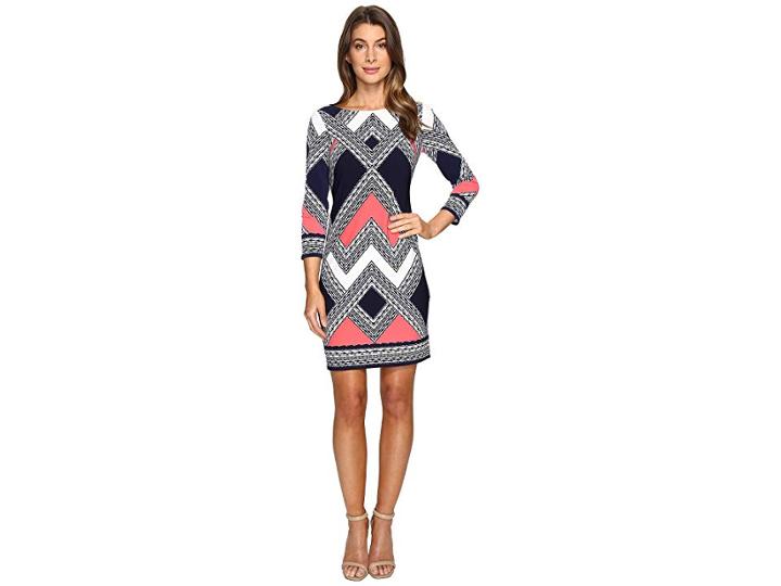 Vince Camuto Moss Crepe T-body Dress With Long Sleeves (navy Multi) Women's Dress