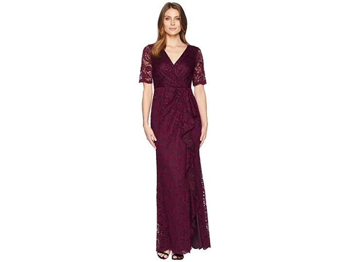 Adrianna Papell Long Stretch Lace Gown With Beaded Detail And Cascade Skirt (rich Raisin) Women's Dress