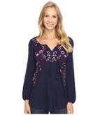 Lucky Brand Embroidered Peasant Top (navy Multi) Women's Clothing