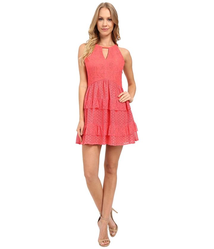 Adelyn Rae Lace Ruffle Dress (coral) Women's Dress