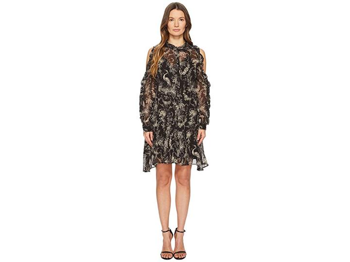 The Kooples Loose Birdy-print Dress In Silk (black) Women's Dress
