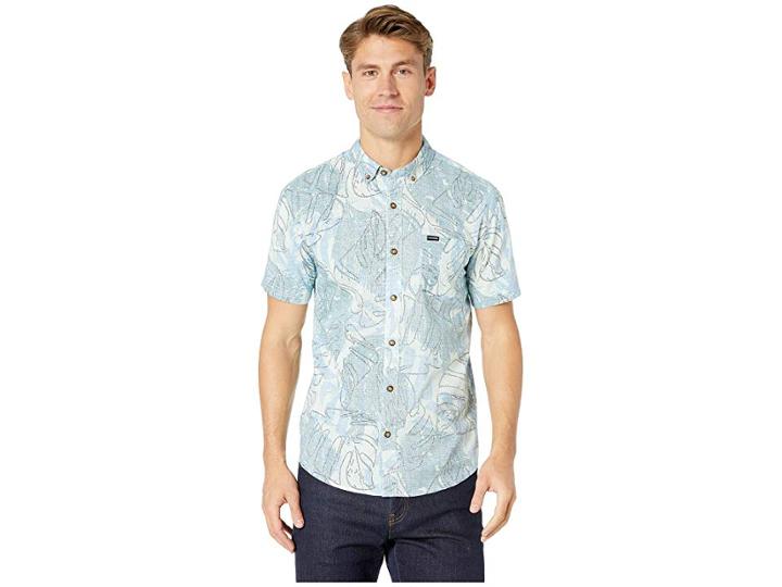 Dakine Poipu Short Sleeve Woven Shirt (sky Blue Washed Palm) Men's Clothing