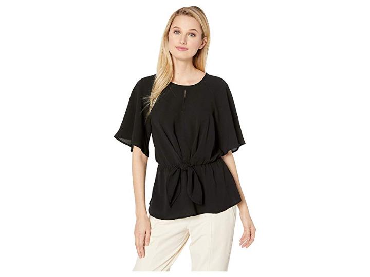 Eci Flutter Sleeve Keyhole Neck Front Knot Tie Top (black) Women's Clothing