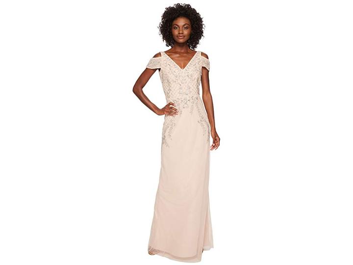 Adrianna Papell V-neck Long Beaded Mob Gown With Cap Sleeves (blush) Women's Dress