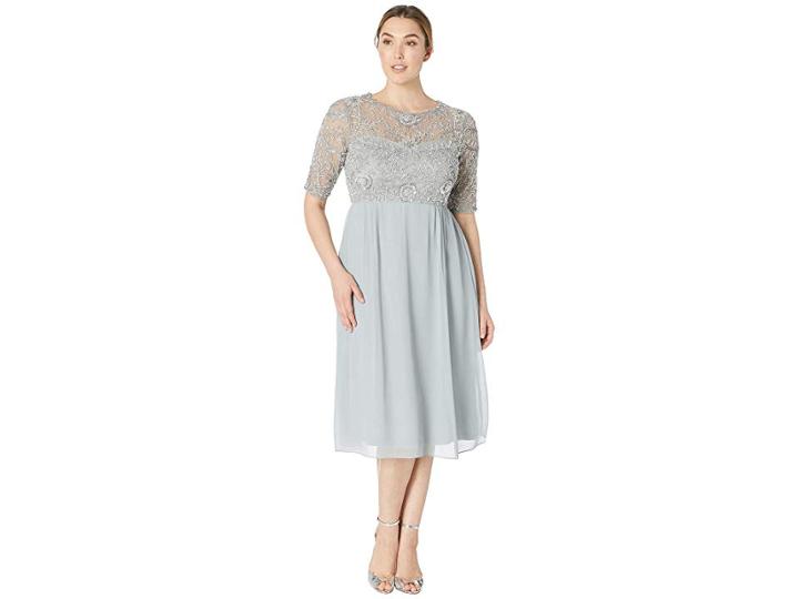 Adrianna Papell 3/4 Sleeve Beaded Bodice With Chiffon Tea Length Skirt (blue Mist) Women's Dress