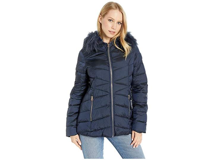 Jessica Simpson Quilted Jacket W/ Faux Fur Hood (indigo) Women's Coat