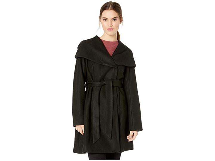 Jessica Simpson Belted Wool Coat W/ Oversized Hood (black) Women's Coat