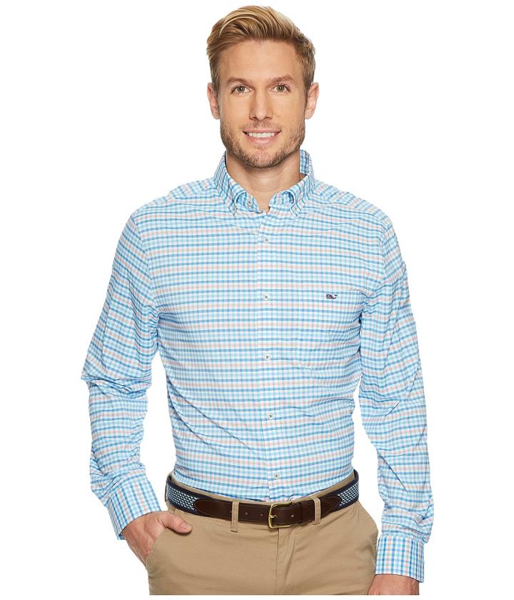 Vineyard Vines Coco Bay Check Performance Classic Tucker Shirt (ocean Breeze) Men's Long Sleeve Button Up