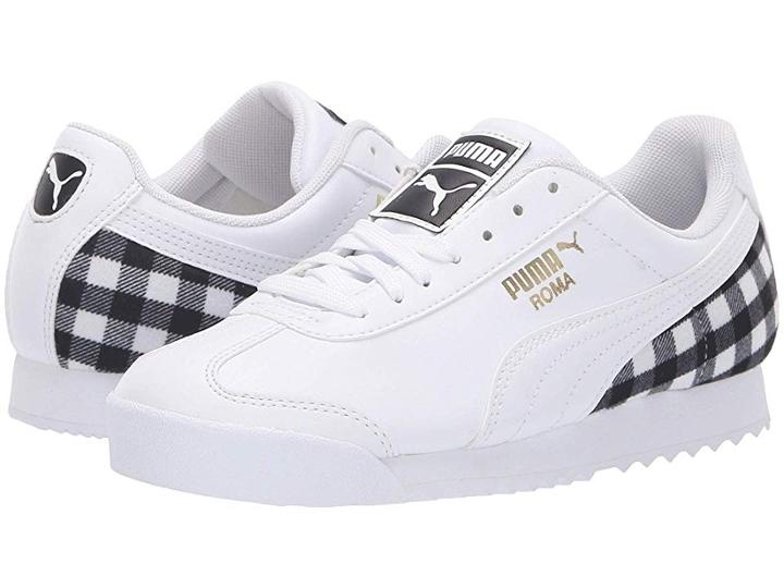 Puma Kids Roma Leather Flannel Jr (big Kid) (puma White/puma Team Gold/puma Black) Kids Shoes