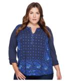 Lucky Brand Plus Size Printed Henley Top (navy Multi) Women's Long Sleeve Pullover
