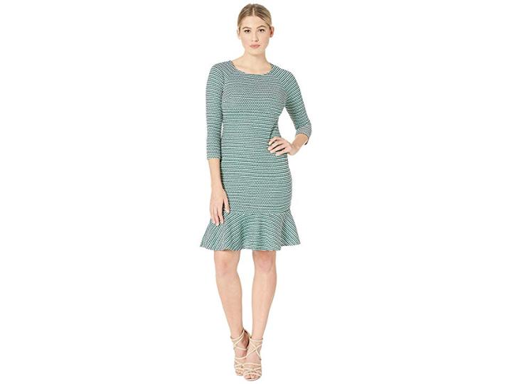 Eci Long Sleeve Textured Knit Dress With Flounce Hem (white/green) Women's Dress