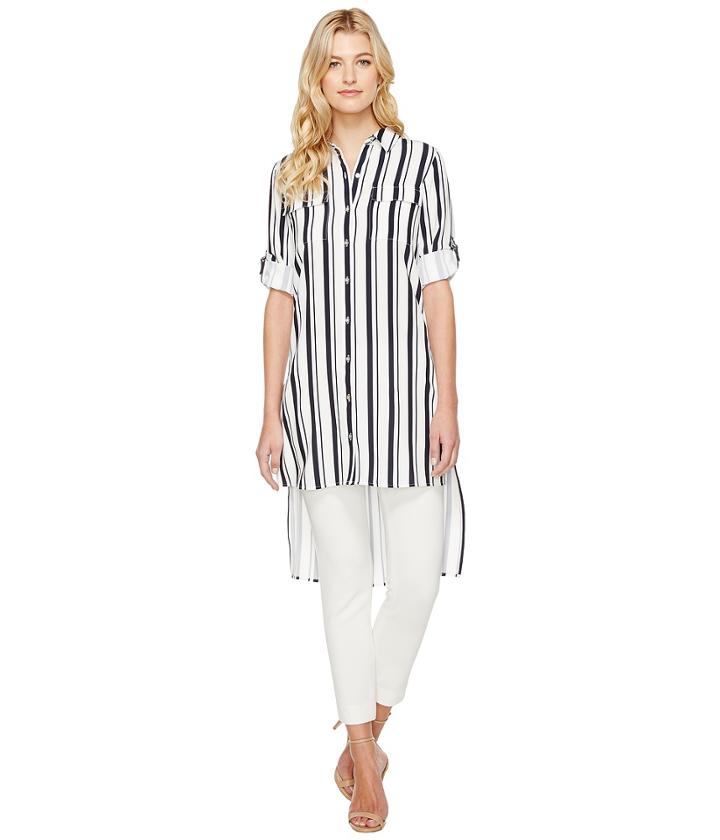 Calvin Klein Stripe Roll Sleeve Tunic (twilight/cream) Women's Blouse
