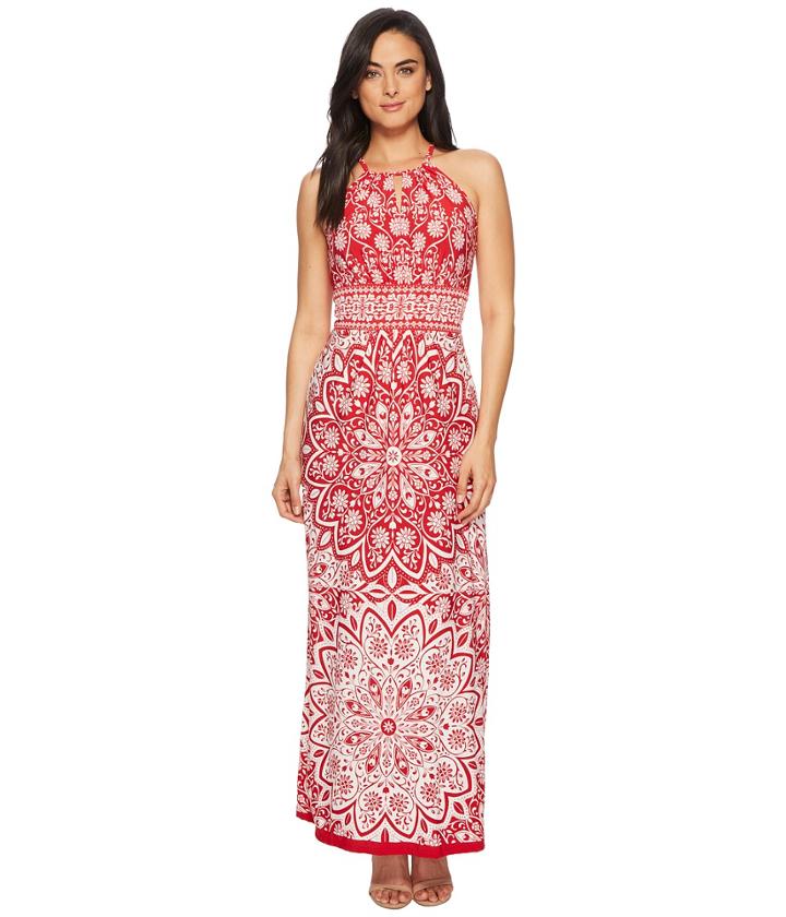 London Times Rosette Medallion Keyhole Halter Dress (red/white) Women's Dress