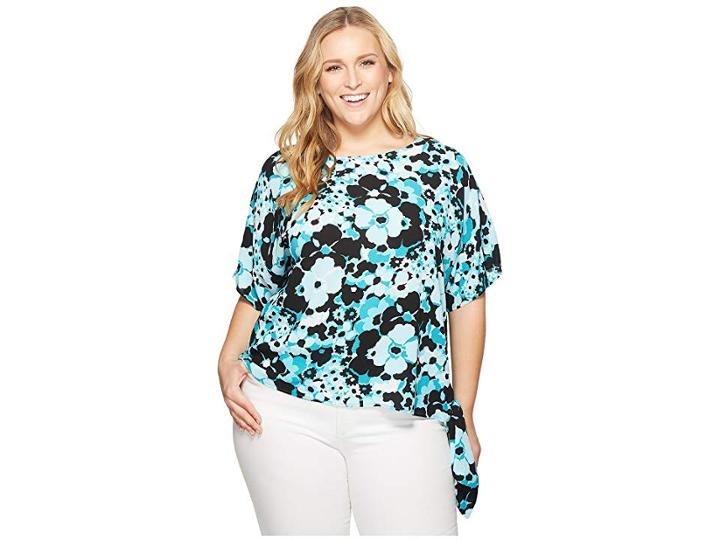Michael Michael Kors Plus Size Springtime Flare Tie Top (tile Blue/black Multi) Women's Clothing